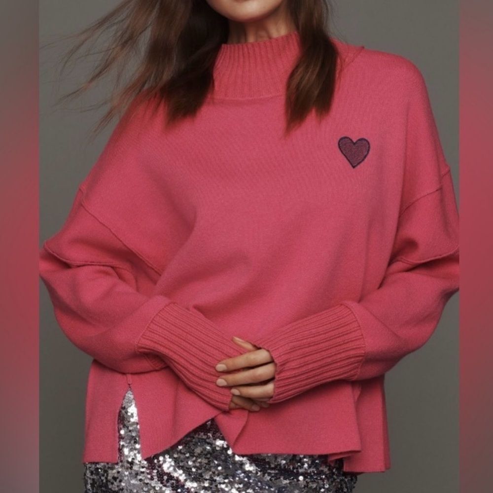 Anthropologie Maeve The Logan Embroidered Heart Sweater in Pink NWOT - Picture 1 of 5